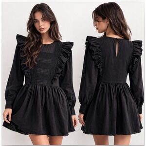 Camaieu Black Lace Ruffle Mini Dress M Wednesday Gothic Victorian Romantic